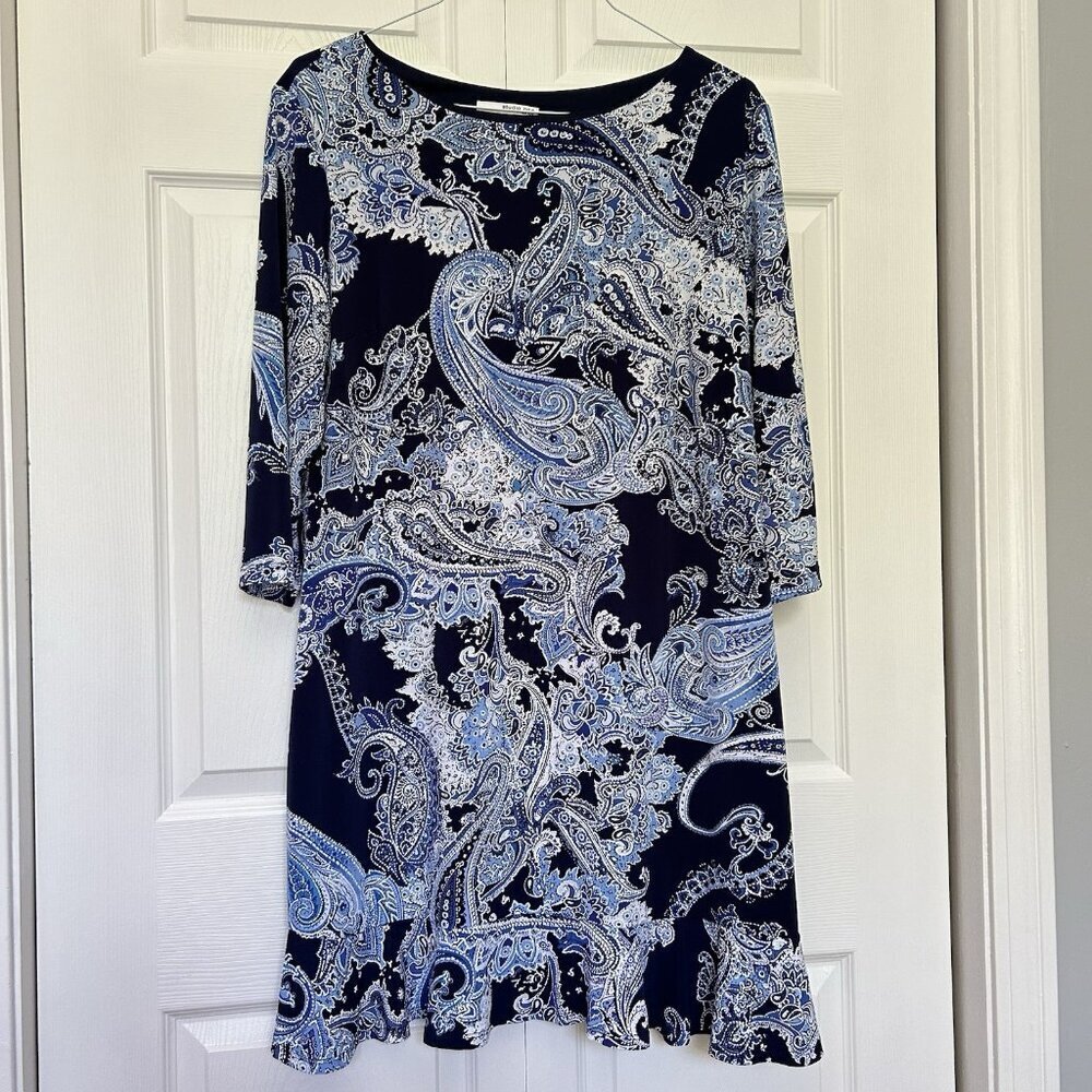 Studio One New York Womens XL Blue Paisley Floral‎ Dress Ruffeld Hem 3/4 Sleeve
